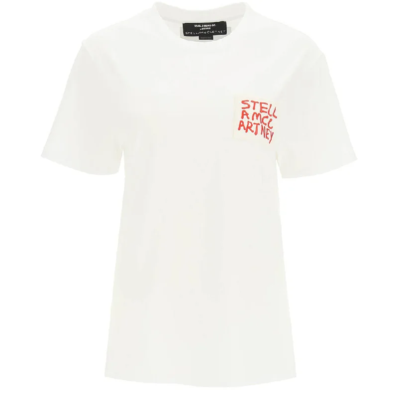 Stella McCartney Women's Logo Graphic Pocket Cotton T-Shirt White Mesh Fabric Canvas Fabric Denim Fabric