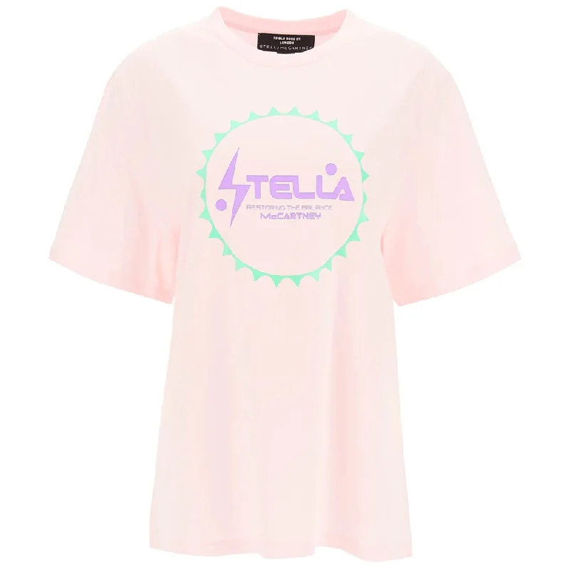 Stella McCartney Women's 'Restoring the Balance' Cotton Graphic T-Shirt Pink Spandex Blend Rayon Blend Denim Blend