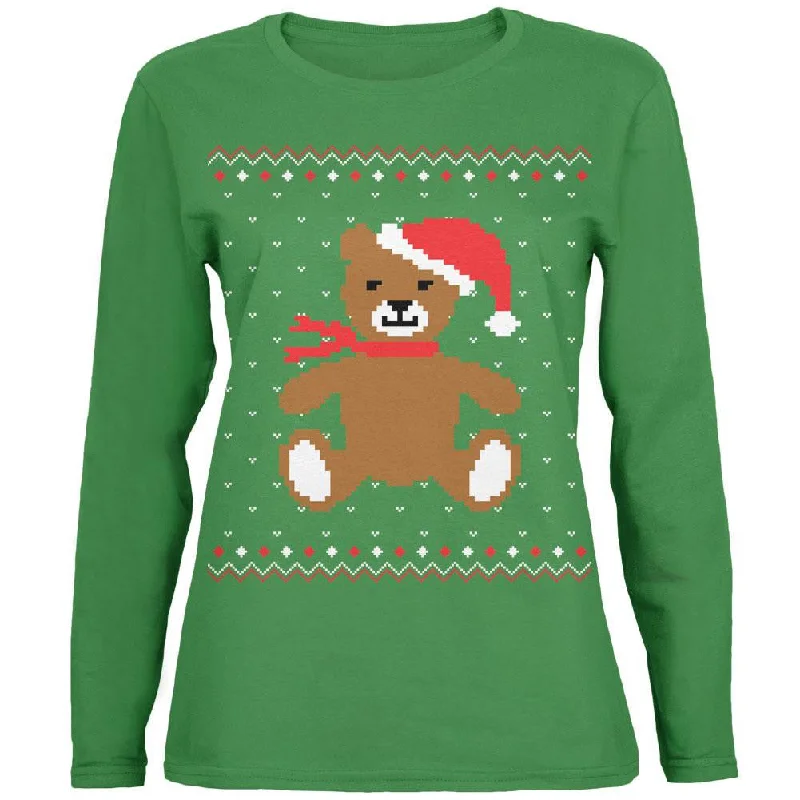 Ugly Christmas Sweater Big Teddy Bear Green Womens Long Sleeve T-Shirt Fashionable Trendy Casual