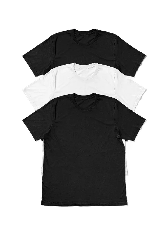 Unisex Short Sleeve Wrinkle Free T-Shirt 3 pc Black/White Bundle Notch Collar Peter Pan Collar Cowl Neck