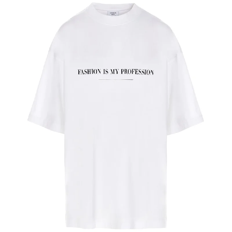 Vetements Women's Cotton 'Fashion is my Profession' T-Shirt White Elasticated Padded Insulated