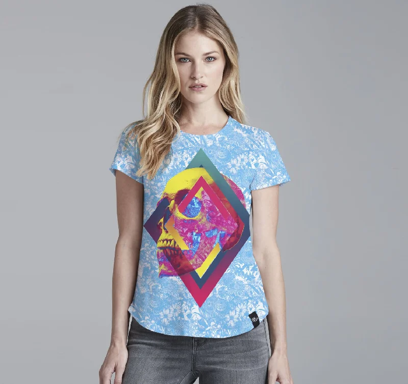 Womens Crew Tee, Lifeful Skull Print Jacquard Patchwork