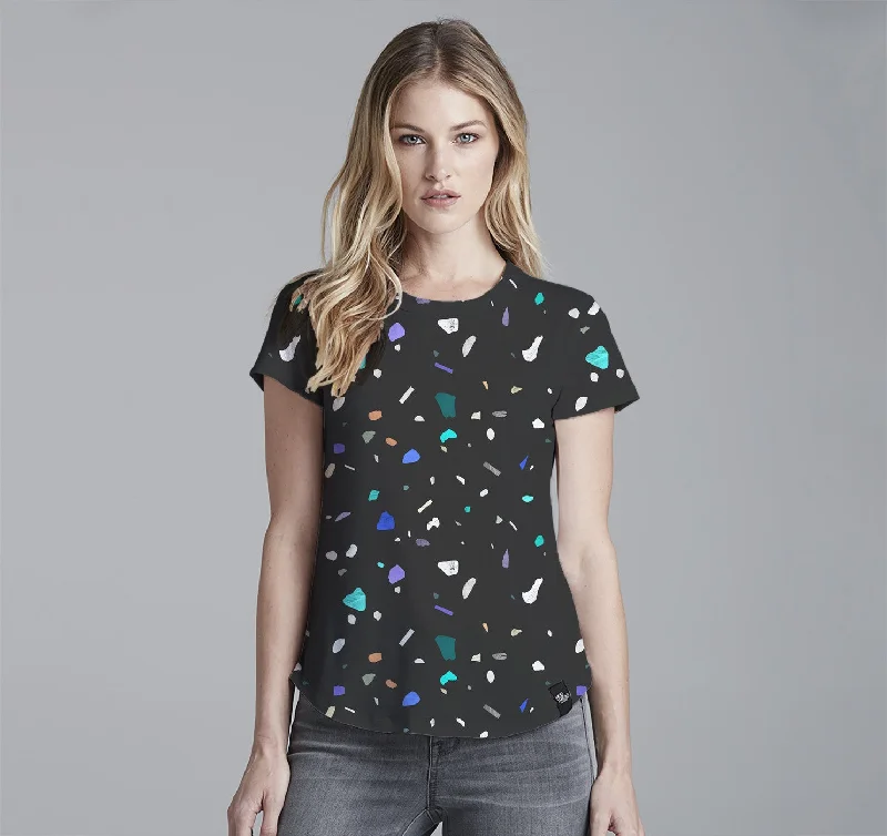 Womens Crew Tee, Terazzo Black Sequined Glittery Shiny