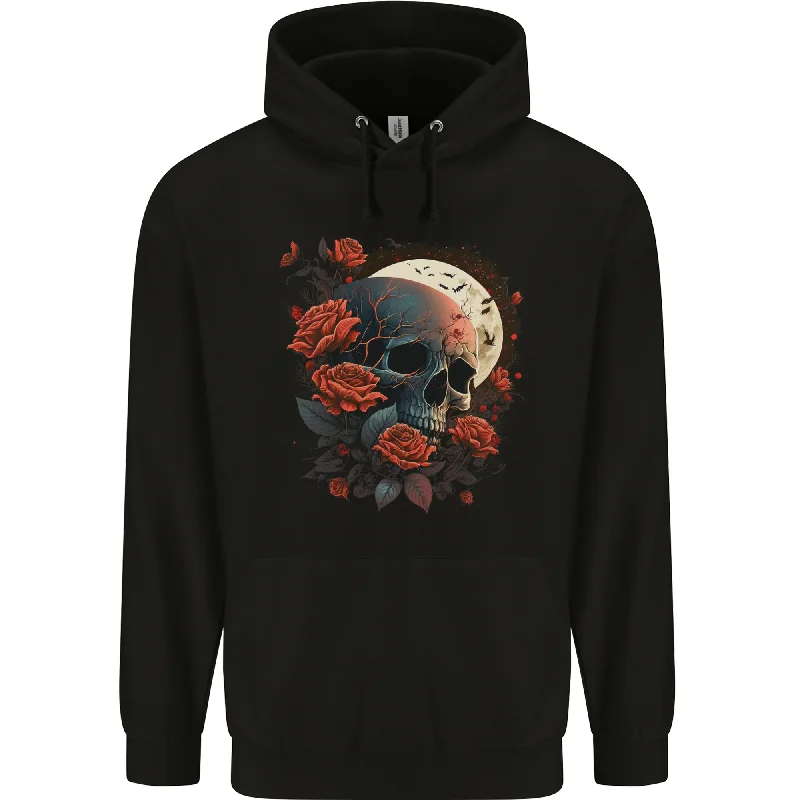 A Dark Fantasy Skull With Roses and Moon Mens 80% Cotton Hoodie Hoodie with Hem Drawcord Adjustable Customizable