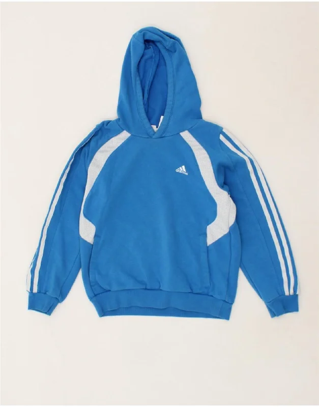 ADIDAS Boys Hoodie Jumper 9-10 Years Blue Colourblock Cotton Hoodie with Cropped Fit Short Trendy