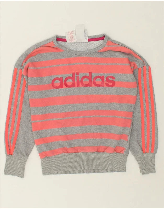 ADIDAS Girls Climalite Graphic Sweatshirt Jumper 9-10 Years Grey Striped Hoodie with Longline Fit Extended Stylish