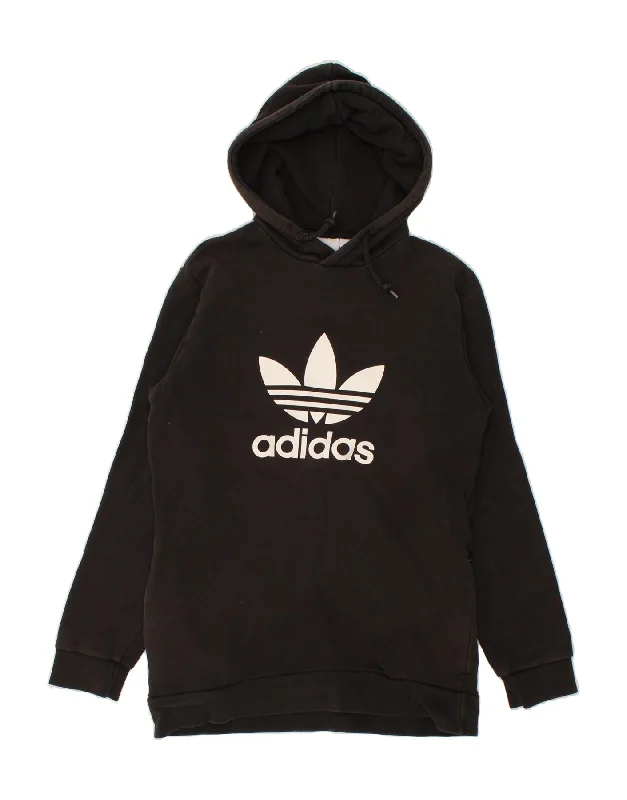 ADIDAS Mens Graphic Hoodie Jumper Small Black Hoodie with Hem Embroidery Detailed Premium