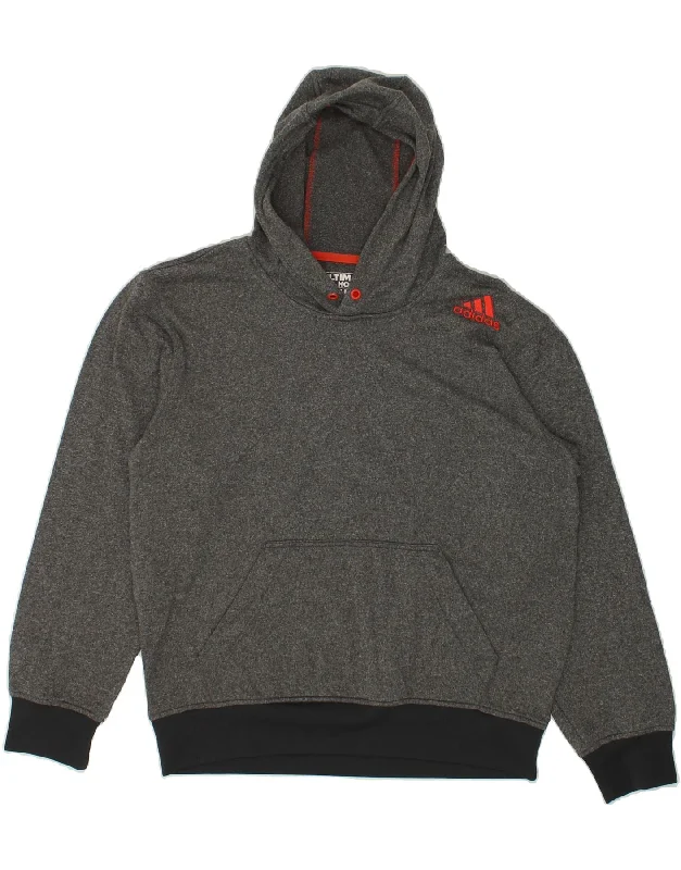 ADIDAS Mens Hoodie Jumper Medium Grey Flecked Polyester Hoodie with Stripes Bold Sporty