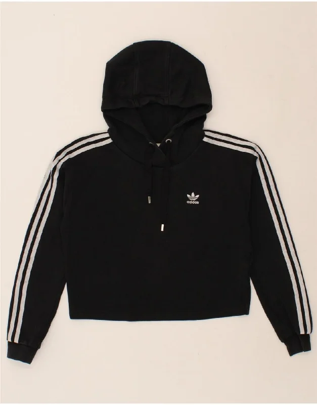 ADIDAS Womens Crop Hoodie Jumper UK 12 Medium  Black Cotton Hoodie with Stripes Bold Sporty