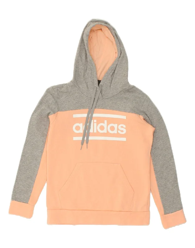 ADIDAS Womens Graphic Hoodie Jumper UK 14 Medium Orange Colourblock Cotton Hoodie with High-Low Hem Asymmetrical Trendy