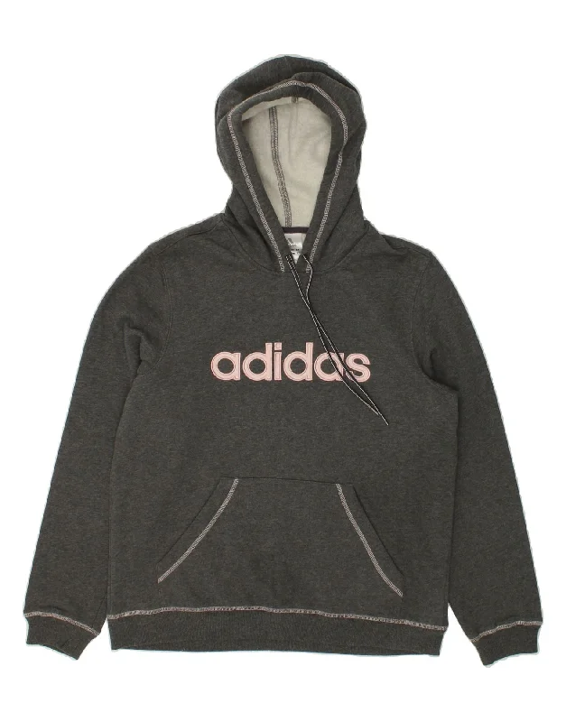 ADIDAS Womens Graphic Hoodie Jumper UK 16 Large Grey Cotton Hoodie with Hem Applique Textured Unique