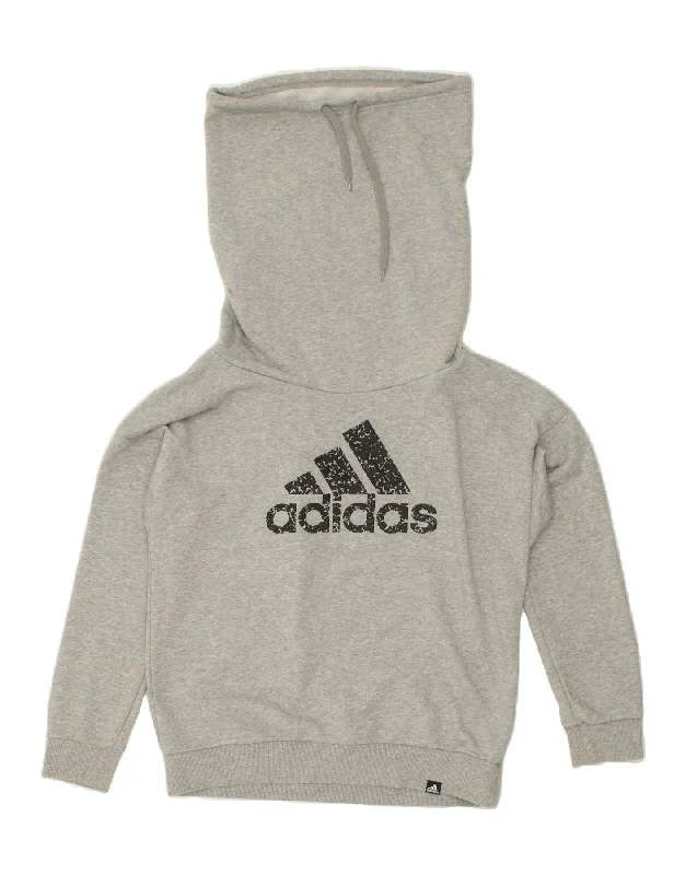 ADIDAS Womens Graphic Sweatshirt Jumper UK 14 Medium Grey Cotton Hoodie with Hem Fringe Bohemian Relaxed