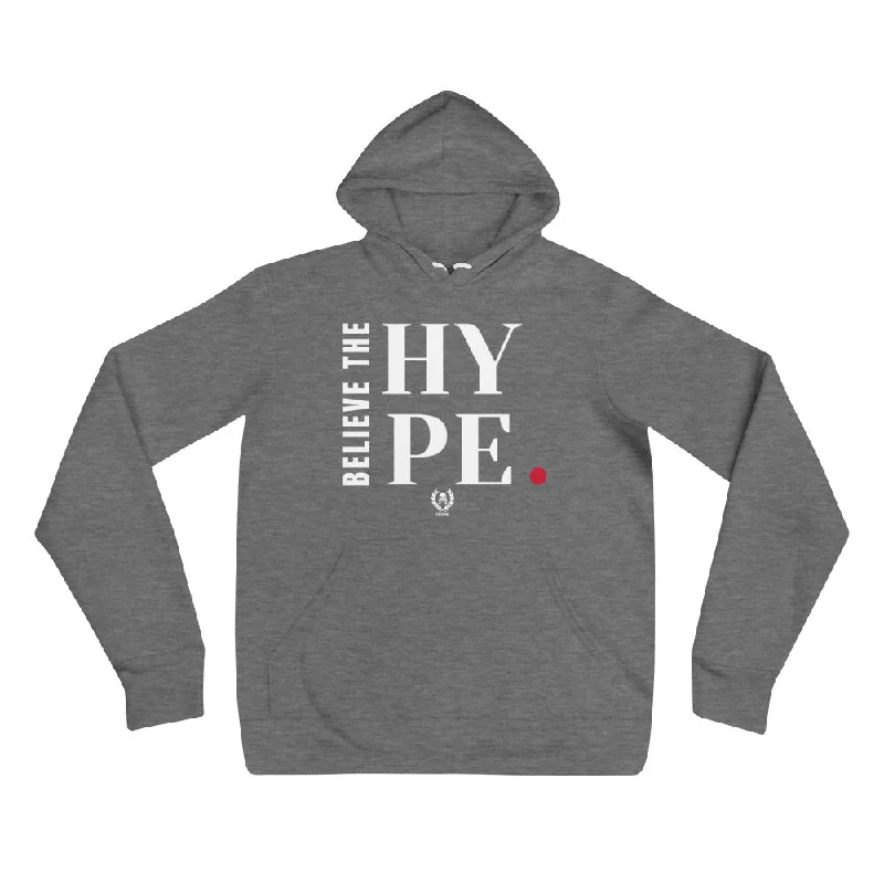 'Believe The Hype' Grey x White Pullover Hooded Sweatshirt Hoodie with Ribbed Hem Stretchable Secure