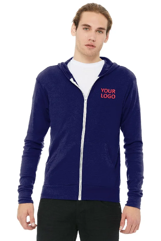 Bella Canvas Unisex Triblend Full-Zip Lightweight Hoodie, Navy Hoodie with Logo Branding Identity