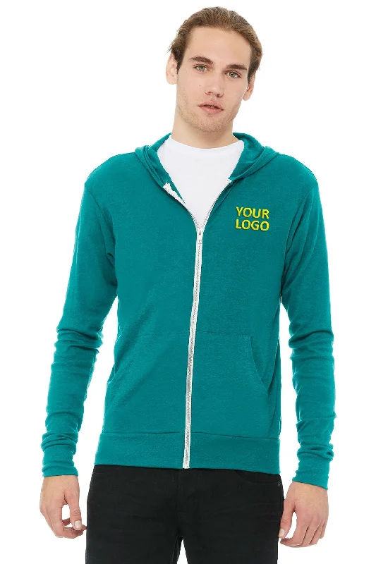 Bella Canvas Unisex Triblend Full-Zip Lightweight Hoodie, Teal Hoodie with Drawcord Adjustable Secure