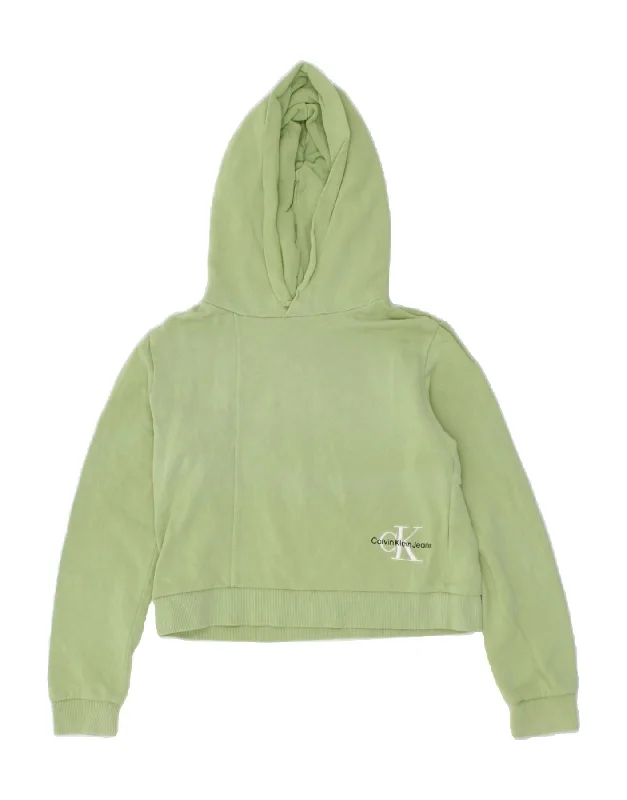 CALVIN KLEIN Girls Crop Hoodie Jumper 11-12 Years Green Cotton Hoodie with Oversized Fit Loose Comfortable