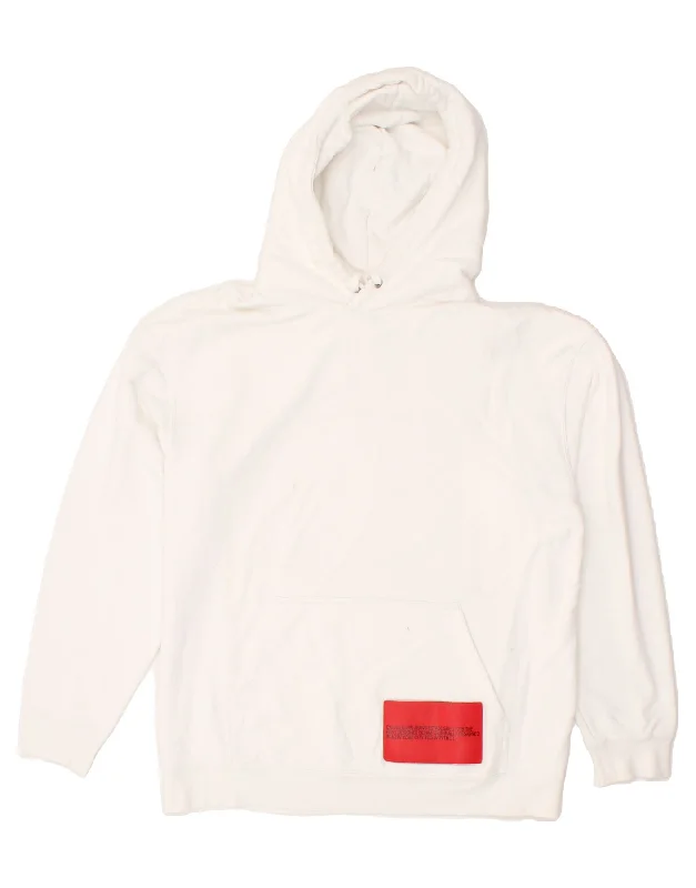 CALVIN KLEIN Mens Graphic Hoodie Jumper Medium White Cotton Hoodie with Set-In Sleeves Structured Classic