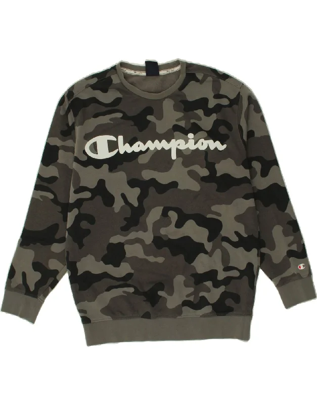 CHAMPION Mens Graphic Sweatshirt Jumper Small Grey Camouflage Cotton Hoodie with Reflective Safety Nightwear