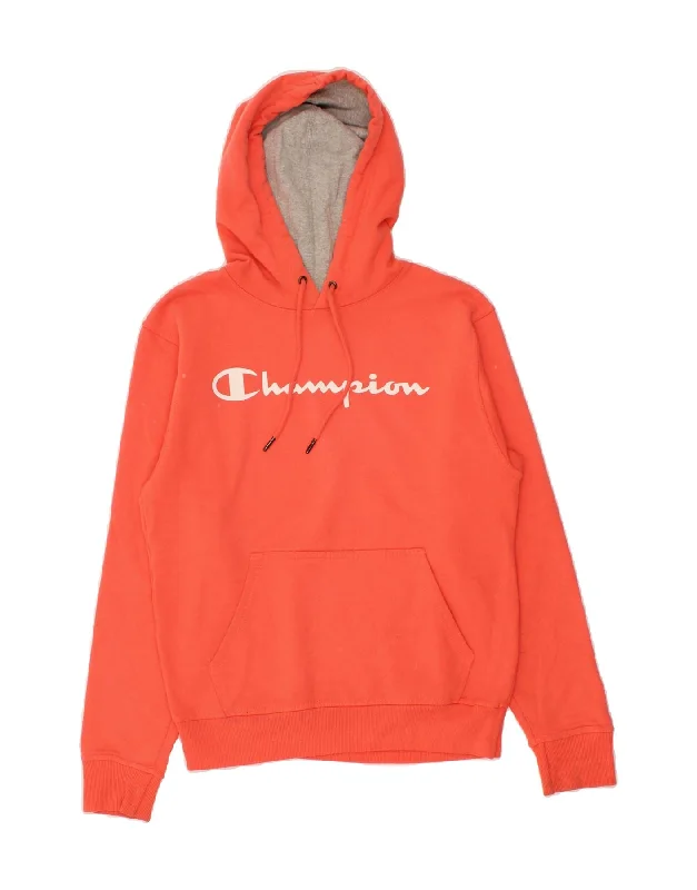 CHAMPION Womens Graphic Hoodie Jumper UK 10 Small Orange Cotton Hoodie with Hem Elastic Stretchable Comfortable