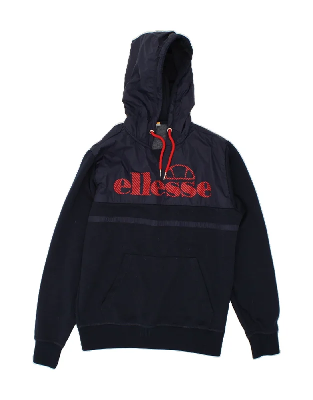 ELLESSE Mens Graphic Hoodie Jumper Medium Navy Blue Hoodie with Thumb Holes Functional Cozy