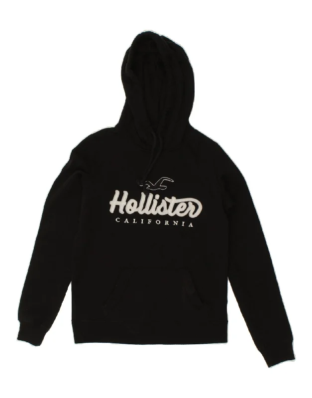 HOLLISTER Womens Graphic Hoodie Jumper UK 6 XS Black Cotton Hoodie with Hem Applique Textured Unique