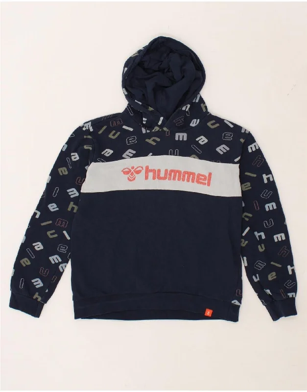 HUMMEL Boys Graphic Hoodie Jumper 11-12 Years Navy Blue Colourblock Cotton Hoodie with Puffed Sleeves Voluminous Trendy