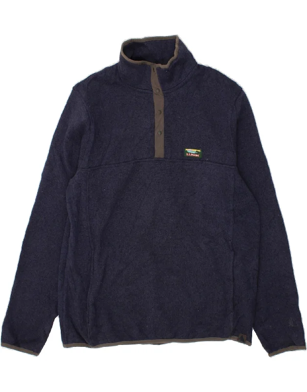 L.L.BEAN Mens Tall Button Neck Sweatshirt Jumper Large Navy Blue Polyester Hoodie with Hem Detail Decorative Unique