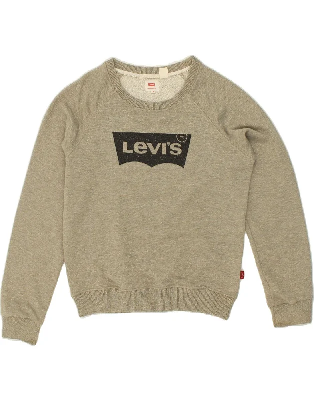 LEVI'S Womens Graphic Sweatshirt Jumper UK 14 Medium Grey Cotton Hoodie with Hem Detail Decorative Unique