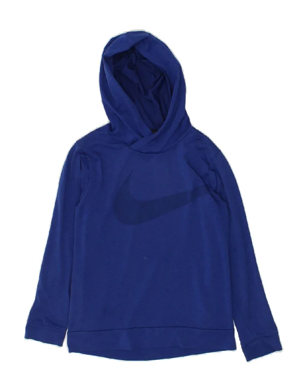 NIKE Boys Dri Fit Graphic Hoodie Jumper 10-11 Years Medium Blue Polyester Hoodie with Distressed Vintage Worn