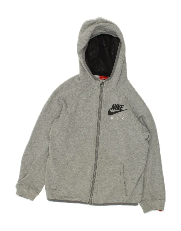 NIKE Boys Graphic Zip Hoodie Sweater 10-11 Years Medium Grey Cotton Hoodie with Exposed Zipper Edgy Industrial