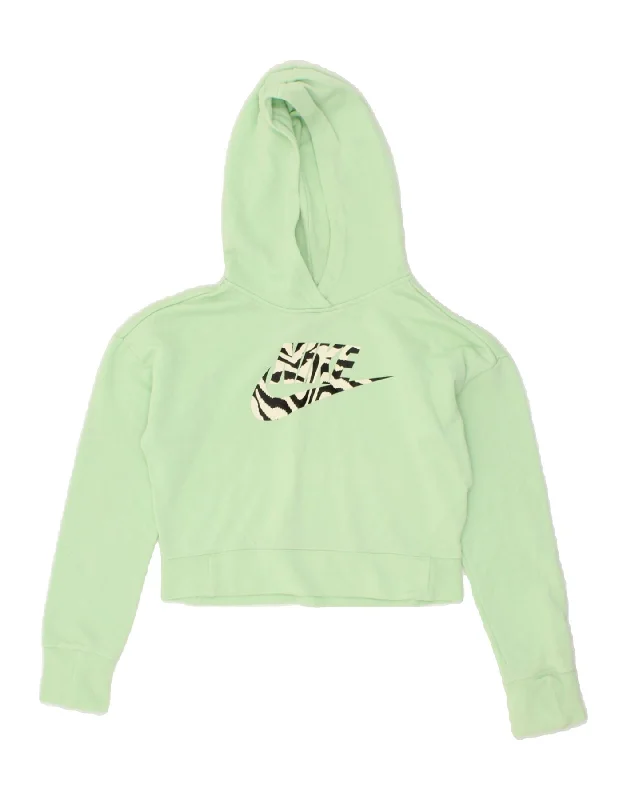 NIKE Girls Graphic Crop Hoodie Jumper 12-13 Years  Large  Green Cotton Hoodie with Elastic Cuffs Stretchable Comfortable