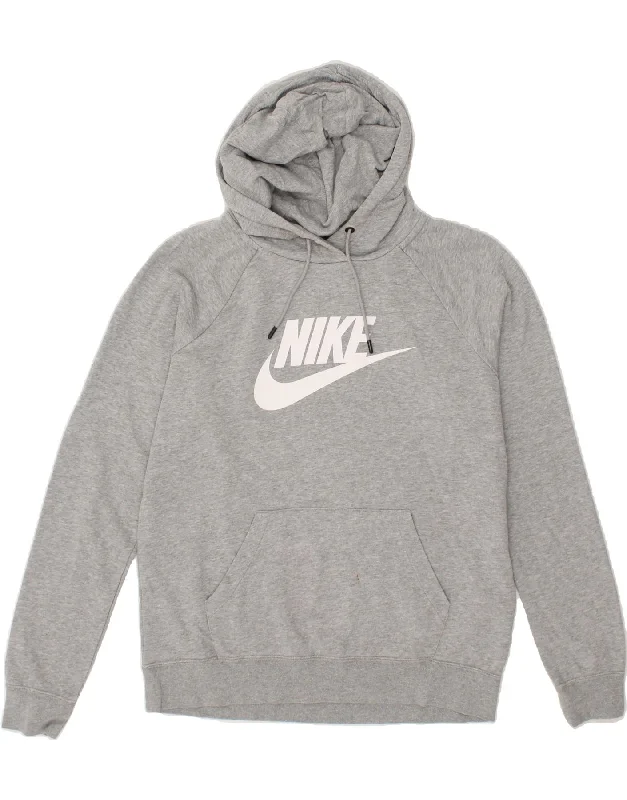 NIKE Womens Graphic Hoodie Jumper UK 14 Medium Grey Cotton Hoodie with Velcro Closure Adjustable Secure