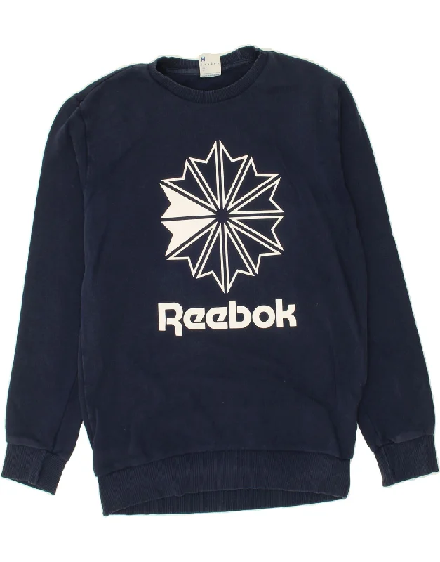 REEBOK Mens Graphic Sweatshirt Jumper Medium Navy Blue Cotton Hoodie with Sequins Glamorous Eye-catching