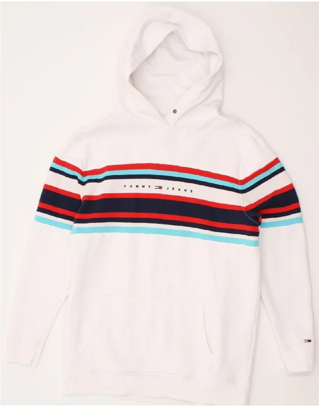 TOMMY HILFIGER Mens Hoodie Jumper Large White Striped Cotton Hoodie with Earth Tones Natural Calm