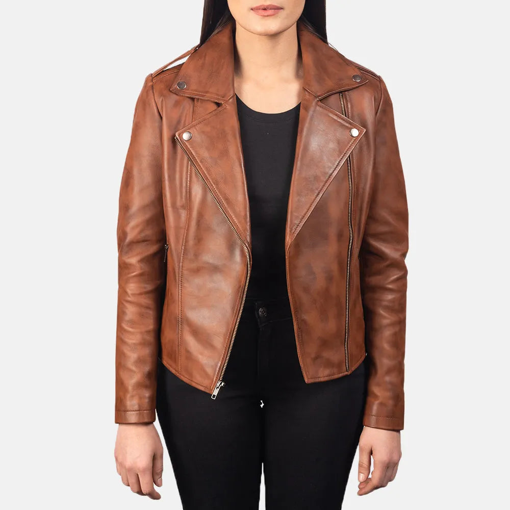 Brown Leather Biker Jacket Women - Epaulettes Shoulder Satin Fabric Silk Fabric Chiffon Fabric