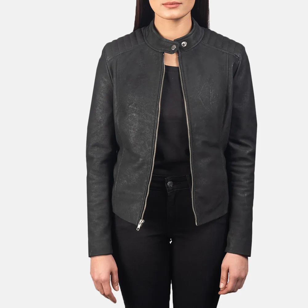 Distressed Black Leather Racing Jacket Belted Jacket Elasticated Jacket Padded Jacket