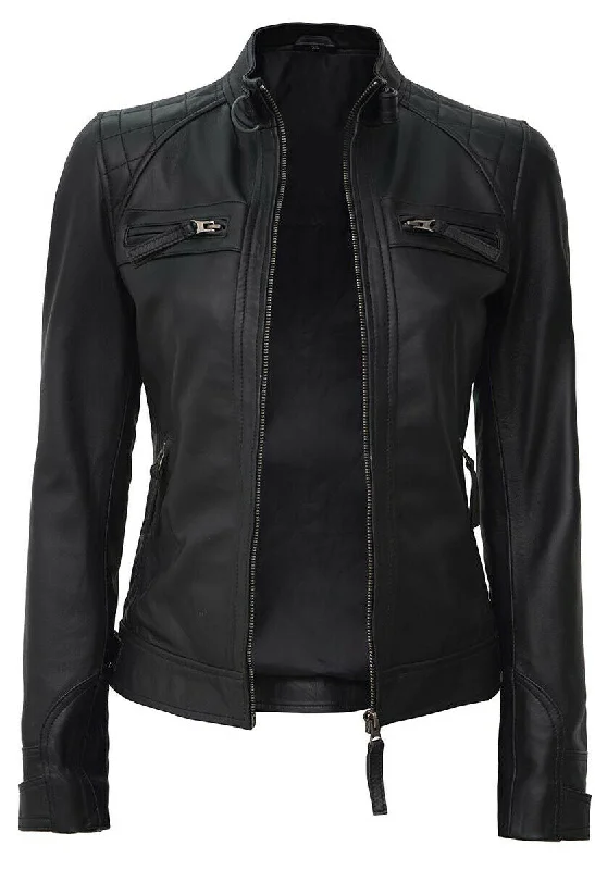 Women's Black Slim Fit Biker Lambskin Leather Jacket Herringbone Jacket Houndstooth Jacket Plaid Jacket