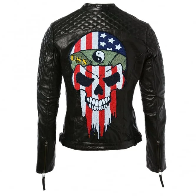 Black Women American Bikers Moto Leather Jacket Nylon Fabric Polyester Fabric Spandex Fabric