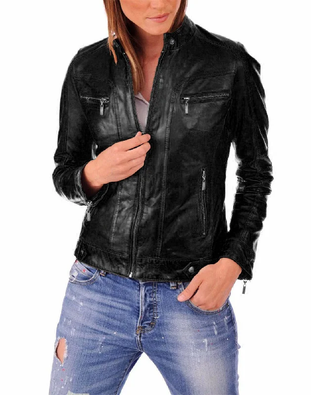 Womens Leather Motorcycle Jacket V-Neck Jacket Boat Neck Jacket Square Neck Jacket