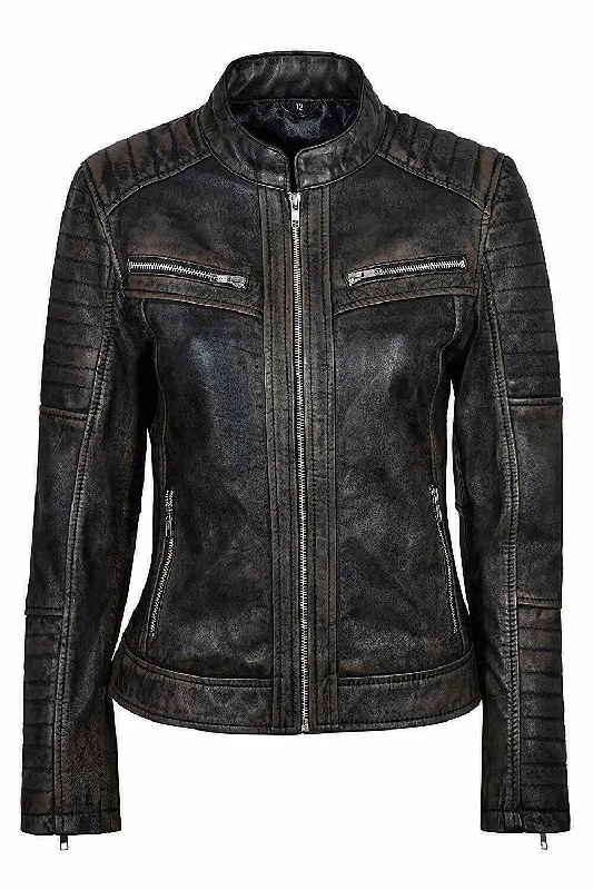 Women's Genuine Lambskin Leather Jacket Black Slim fit Biker Motorcycle Jacket Tiered Jacket Buttoned Jacket Zippered Jacket