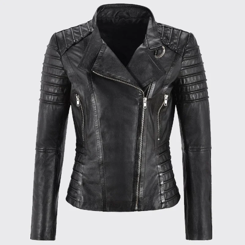 Women's Genuine Lambskin Leather Jacket Motorcycle Real Slim fit Biker Jacket Fleece Fabric Down Fabric Feather Fabric