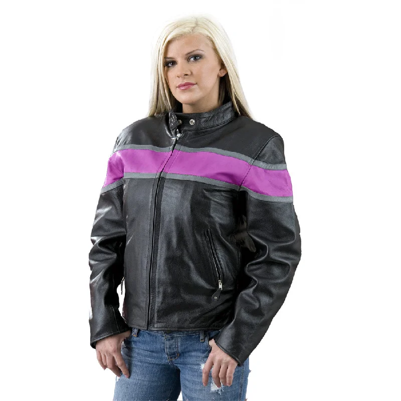 Genuine Leather EL7111 Ladies Black and Purple Racer Style Leather Jacket Welt Pockets Slit Pockets Flap Pockets