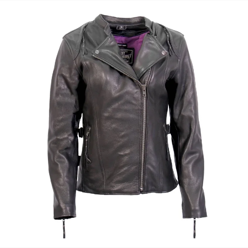 Hot Leathers JKL1032 Ladies Black Leather Jacket with Vented Side Snaps A-Line Jacket Boat Neck Shawl Collar