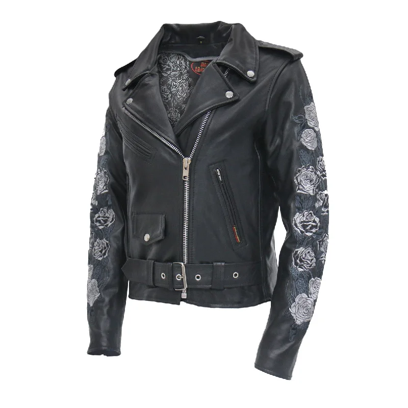 Hot Leathers JKL2002 Women's Black 'Rose Embroidered' Motorcycle Style Leather Jacket Herringbone Jacket Checkered Jacket Solid Jacket