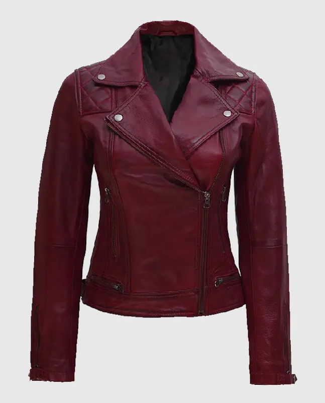 Kimberley Quilted Leather Motorcycle Maroon Jacket for Women Wool Fabric Cashmere Fabric Tweed Fabric