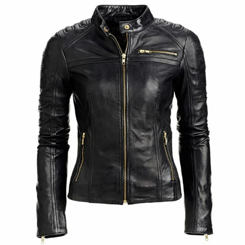 Ladies Black Slim Fit Biker Sheep Leather Moto Leather Classic Leather Jacket One-Shoulder Jacket Off-the-Shoulder Jacket Asymmetrical Jacket