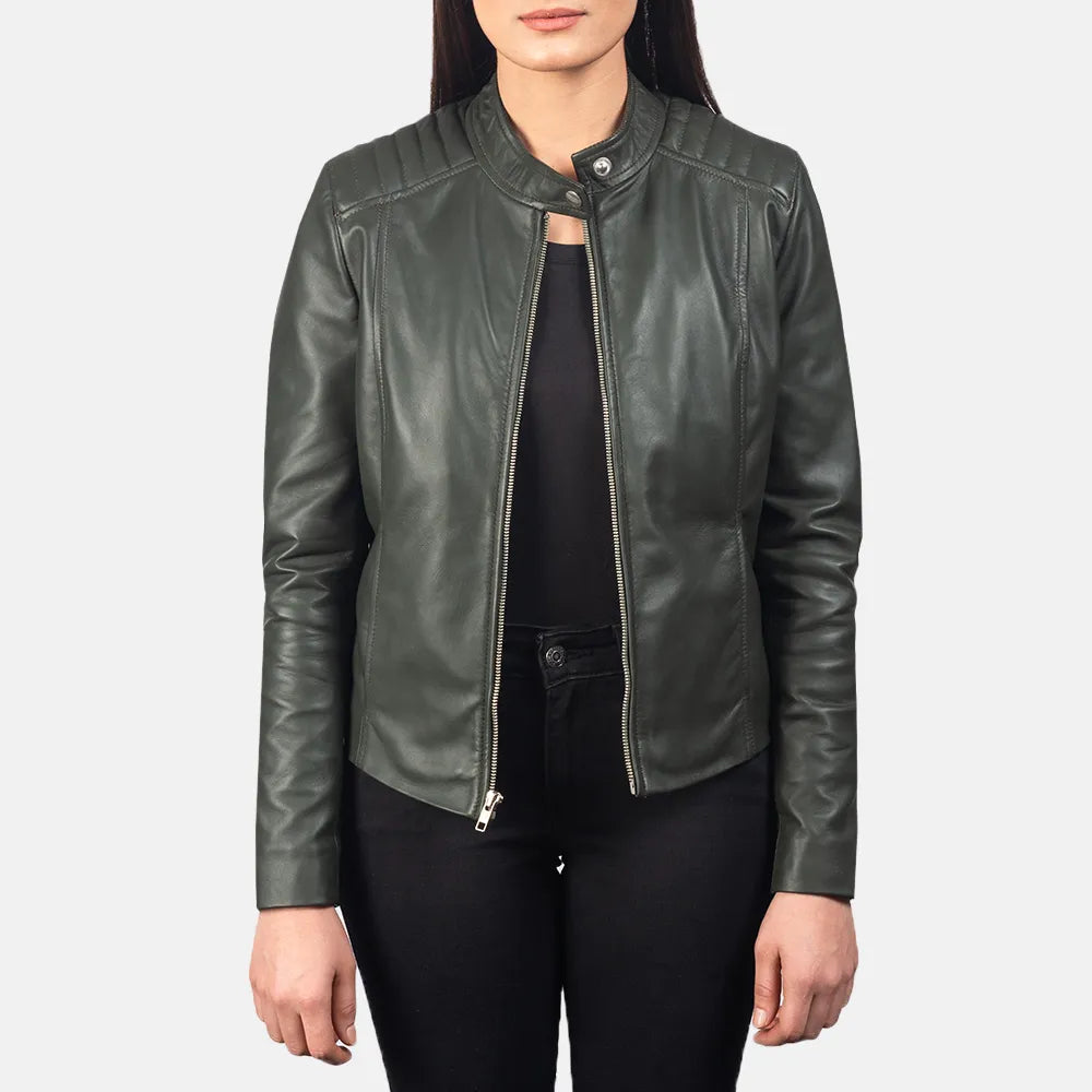 Ladies Green Biker Jacket in Semi-aniline Leather Quilted Jacket Puffer Jacket Insulated Jacket