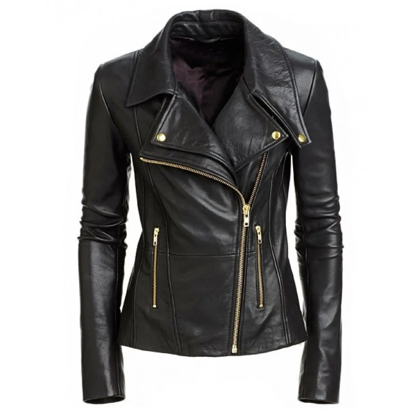 Ladies Women's Black Slim Fit Biker Lambskin Leather Moto Real Leather Jacket Welt Pockets Slit Pockets Flap Pockets