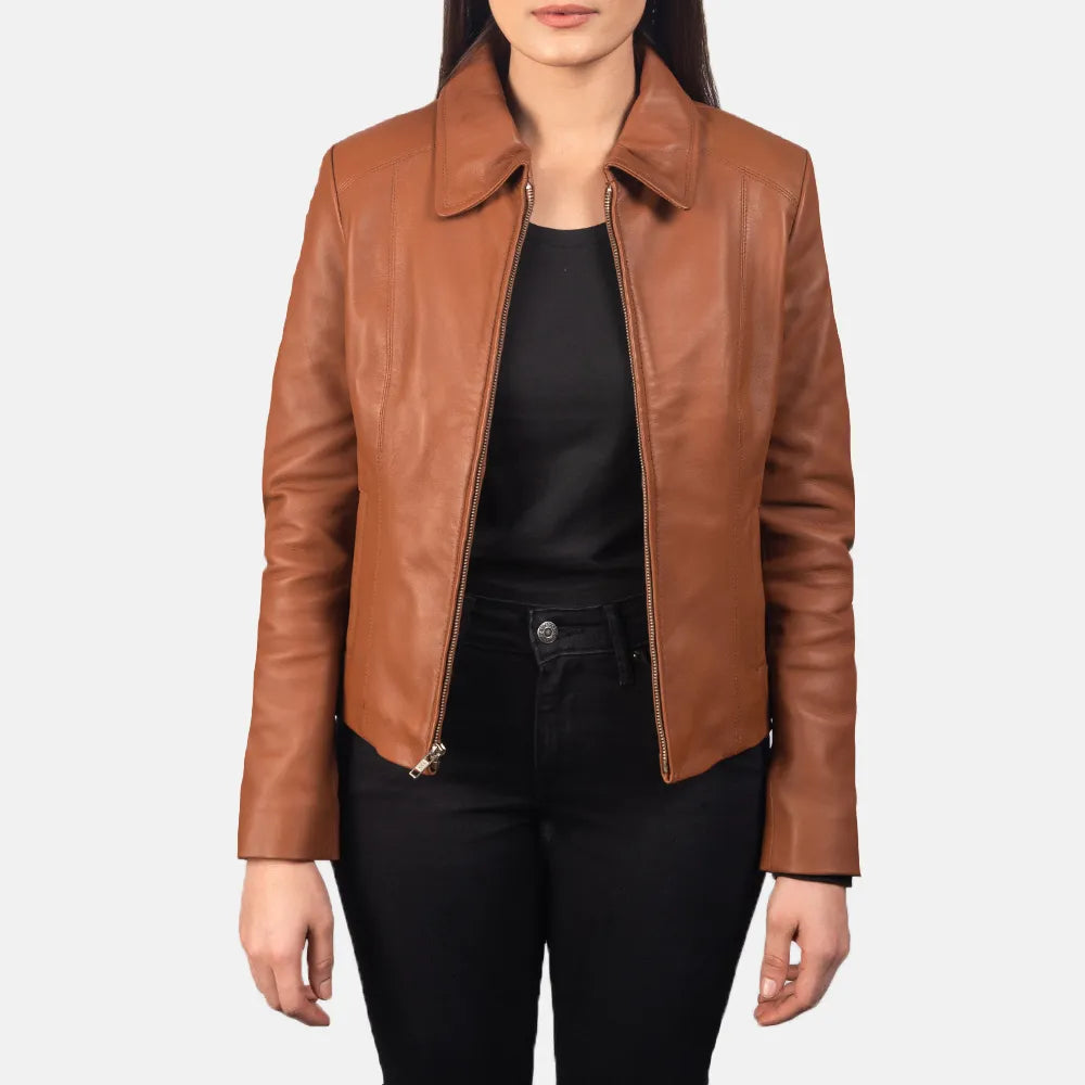 Brown Leather Jacket with Collar Zip Front Button Front Snap Front