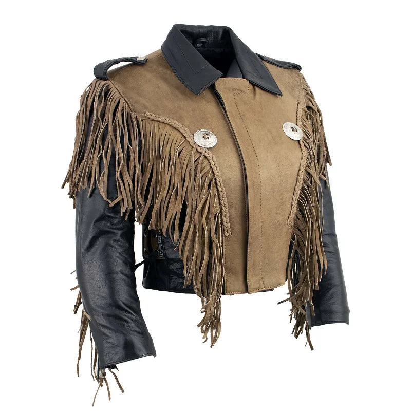 Leather King SH2015 Ladies ‘Fringed’ Cropped Two Tone Jacket with Braiding Detail Anorak Shell Jacket Lightweight Jacket